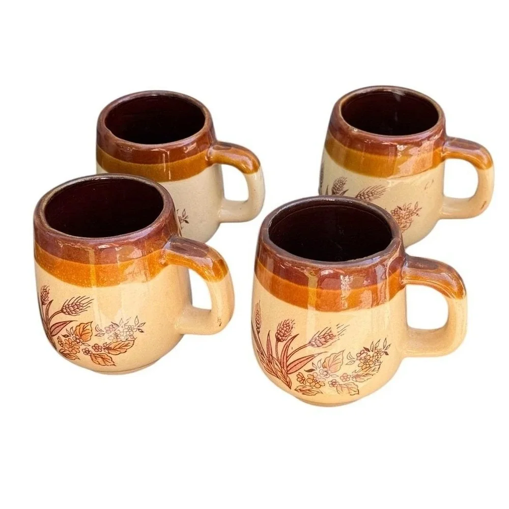 Vintage Stoneware Tea Set Wheat Pattern Teapot Creamer‎ Sugar 4 Mugs Brown Tan